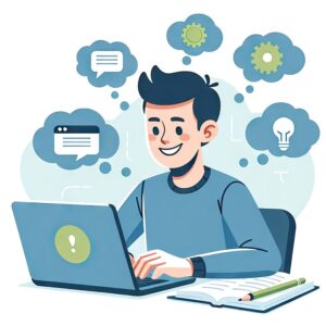 download ai generated young man studies online and exploring knowledge with a laptop in flat art style for free